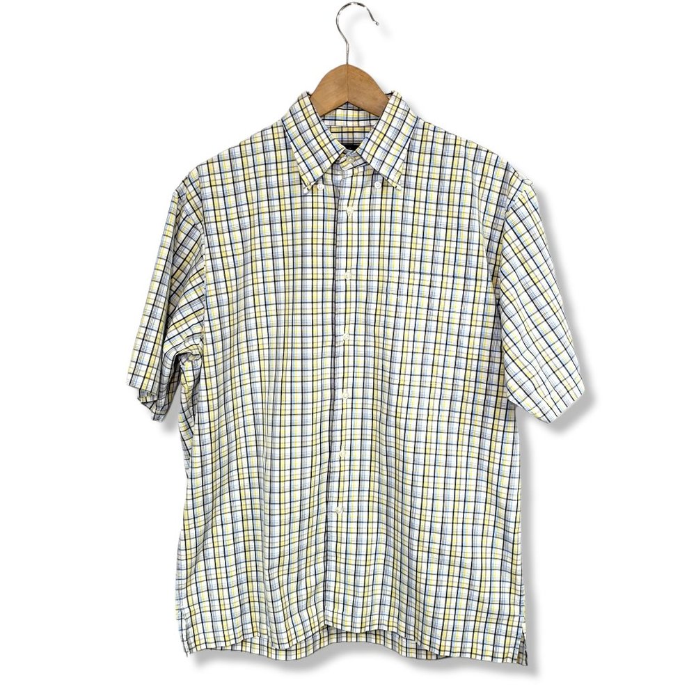 JoS A. Bank White, Blue and Yellow Plaid Casual Button Up Top Medium